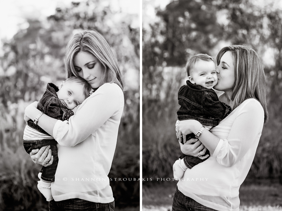 black and white portraits of a family mother and daugther in the woodlands