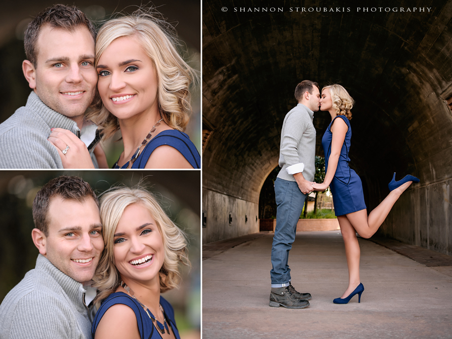 engagement portraits under the waterway canal in the woodlands
